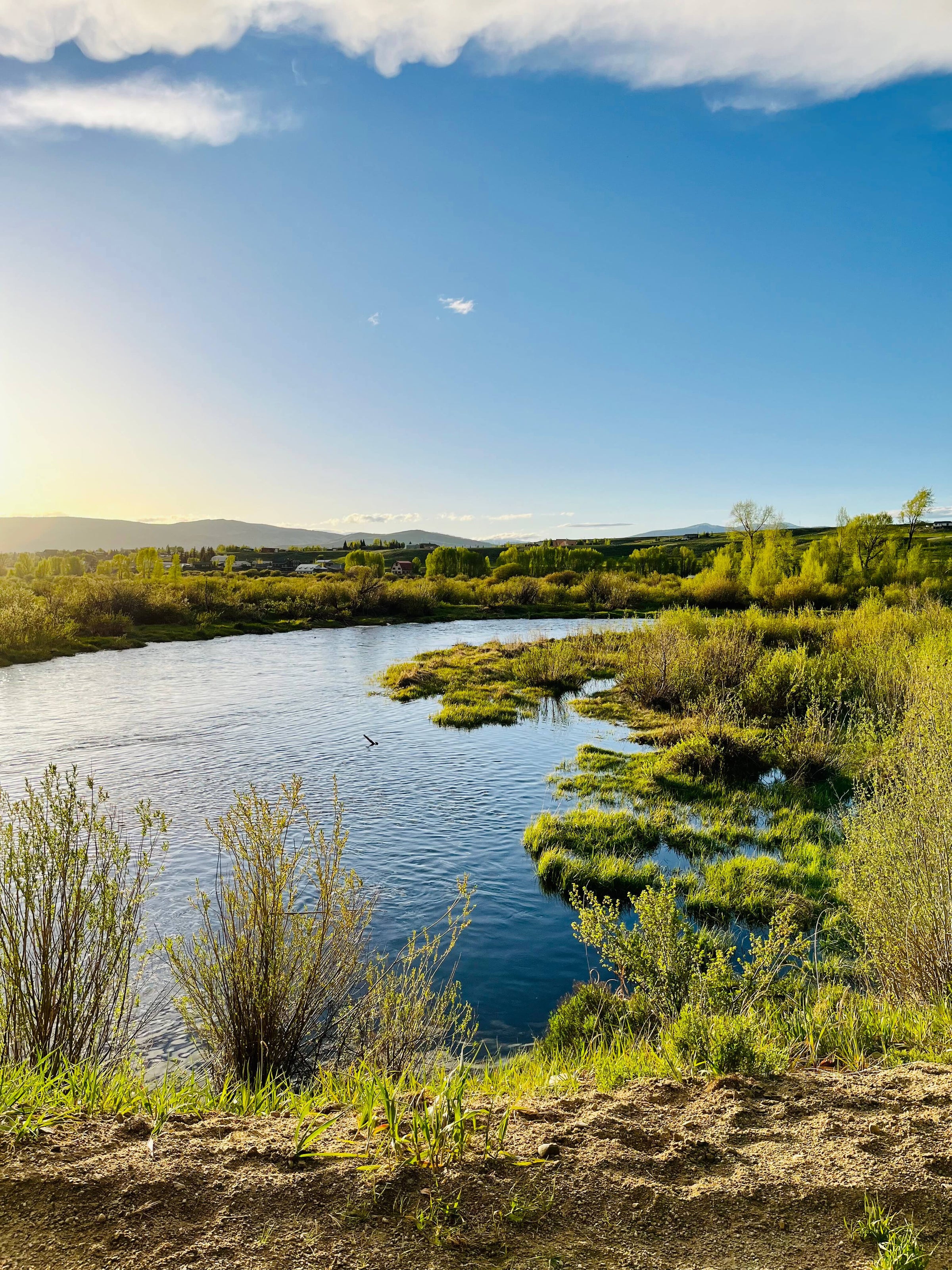 A serene river gracefully winding through the vast plains, harmoniously blending with the surrounding landscape, creating a picturesque and tranquil scene.